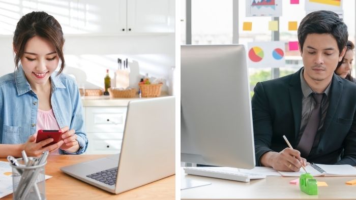 man working in office and woman working from home